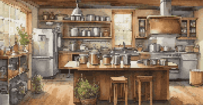 A warm and inviting home brewing setup in a kitchen, showcasing a brew kettle and a fermenter with ingredients like hops and malt.