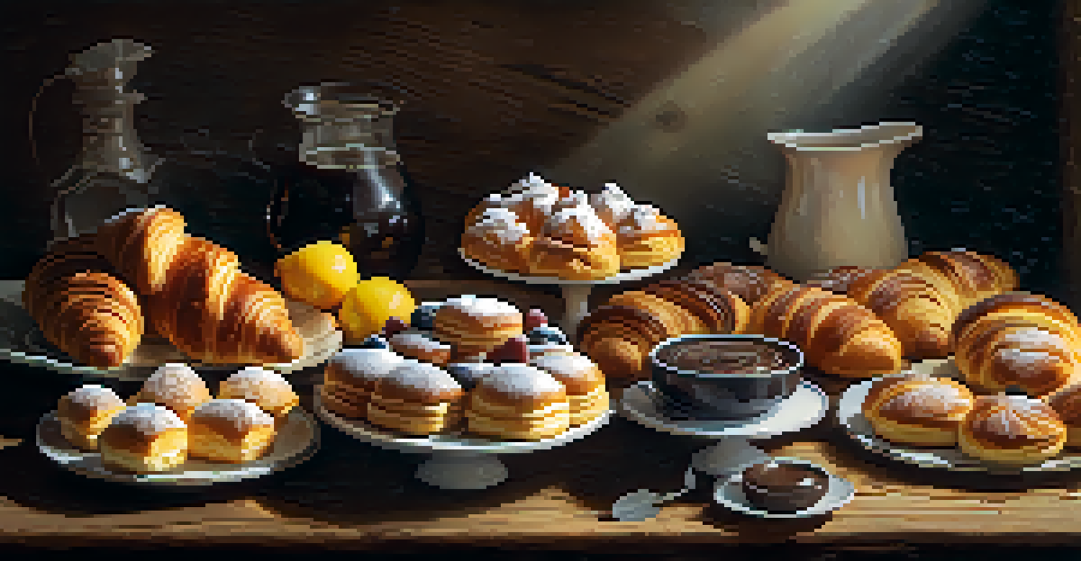 A selection of freshly baked pastries on a wooden table, garnished with fruits and chocolate, illuminated by soft lighting.