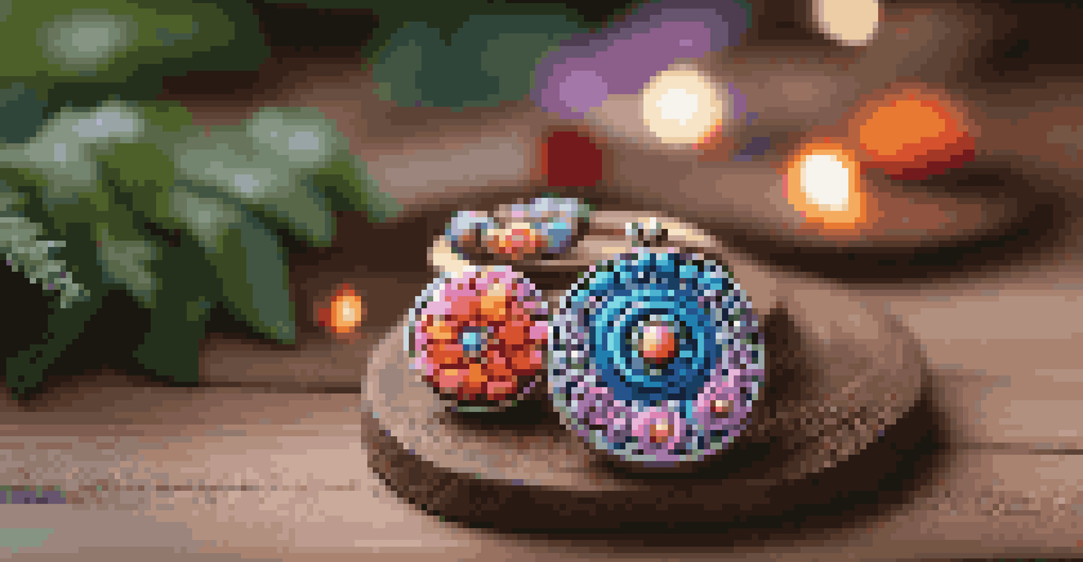 A collection of unique polymer clay jewelry pieces on a wooden surface, surrounded by greenery and soft bokeh lights.