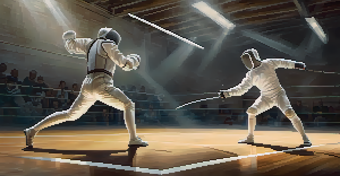 Two fencers engaged in a match, one lunging forward while the other prepares to parry, in a brightly lit sports hall with spectators in the background.