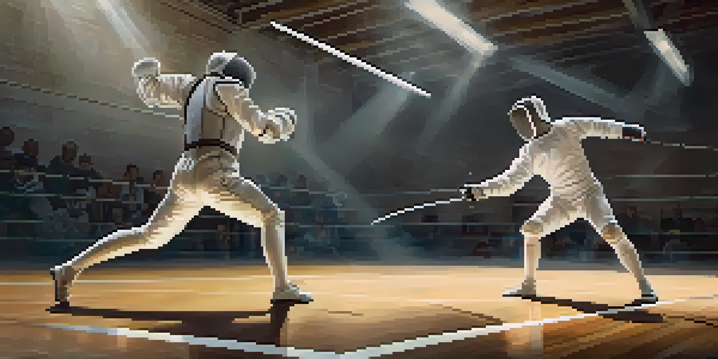 Two fencers engaged in a match, one lunging forward while the other prepares to parry, in a brightly lit sports hall with spectators in the background.