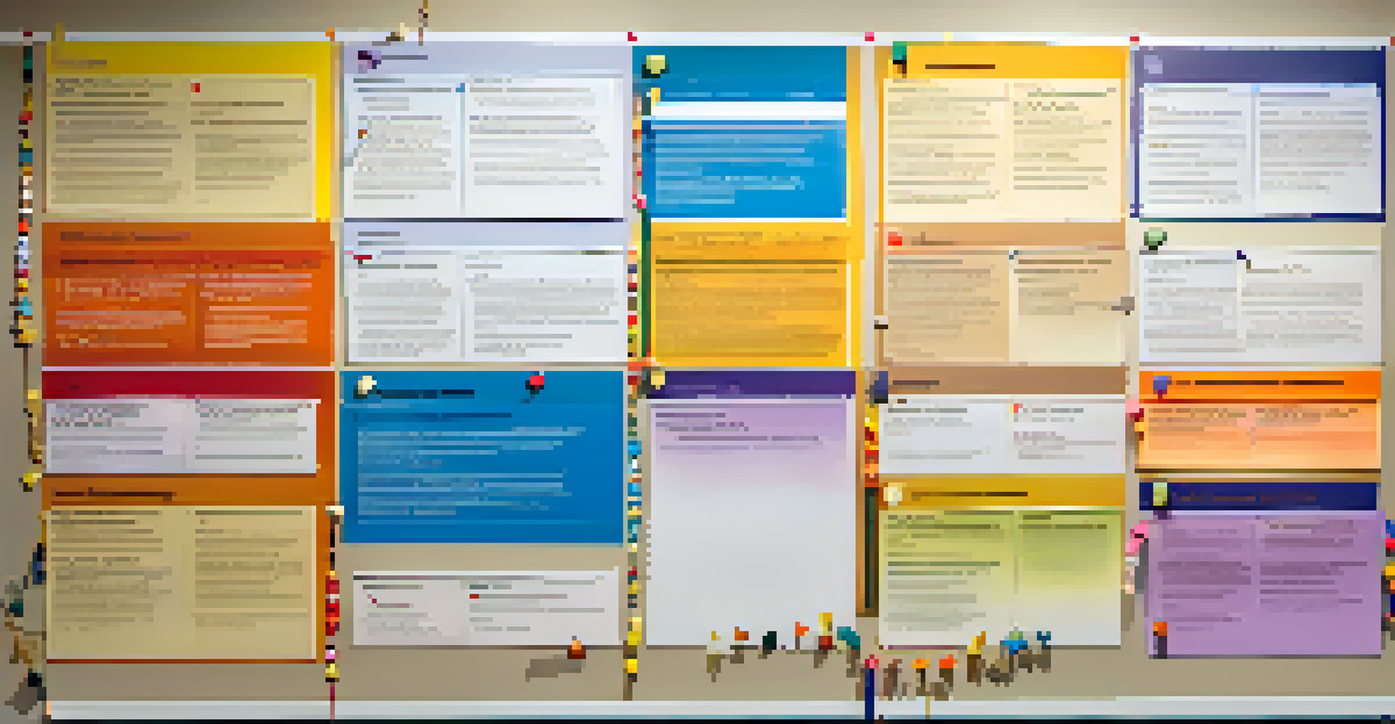 A colorful timeline on a wall showing key historical events connected by string, against a background of a corkboard filled with images and notes.