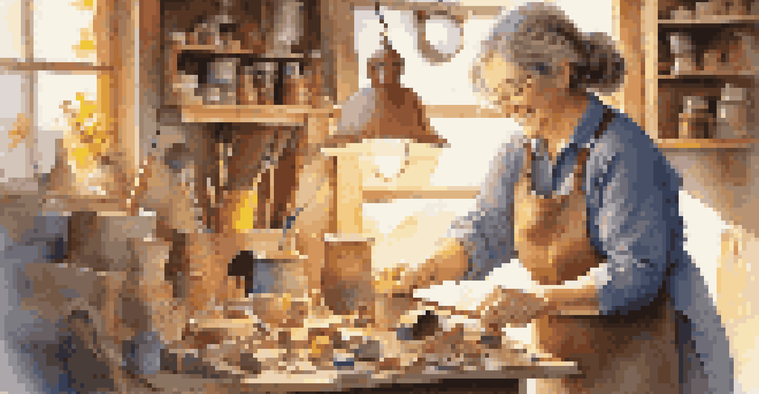 An artisan painting a whimsical birdhouse in a sunlit workshop filled with tools and materials.