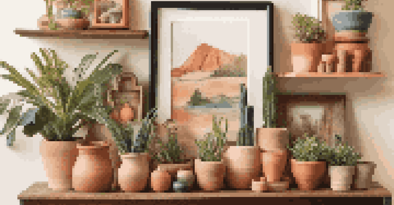 A stylish home shelf showcasing colorful clay planters and decor items, enhanced by warm lighting and surrounding plants.