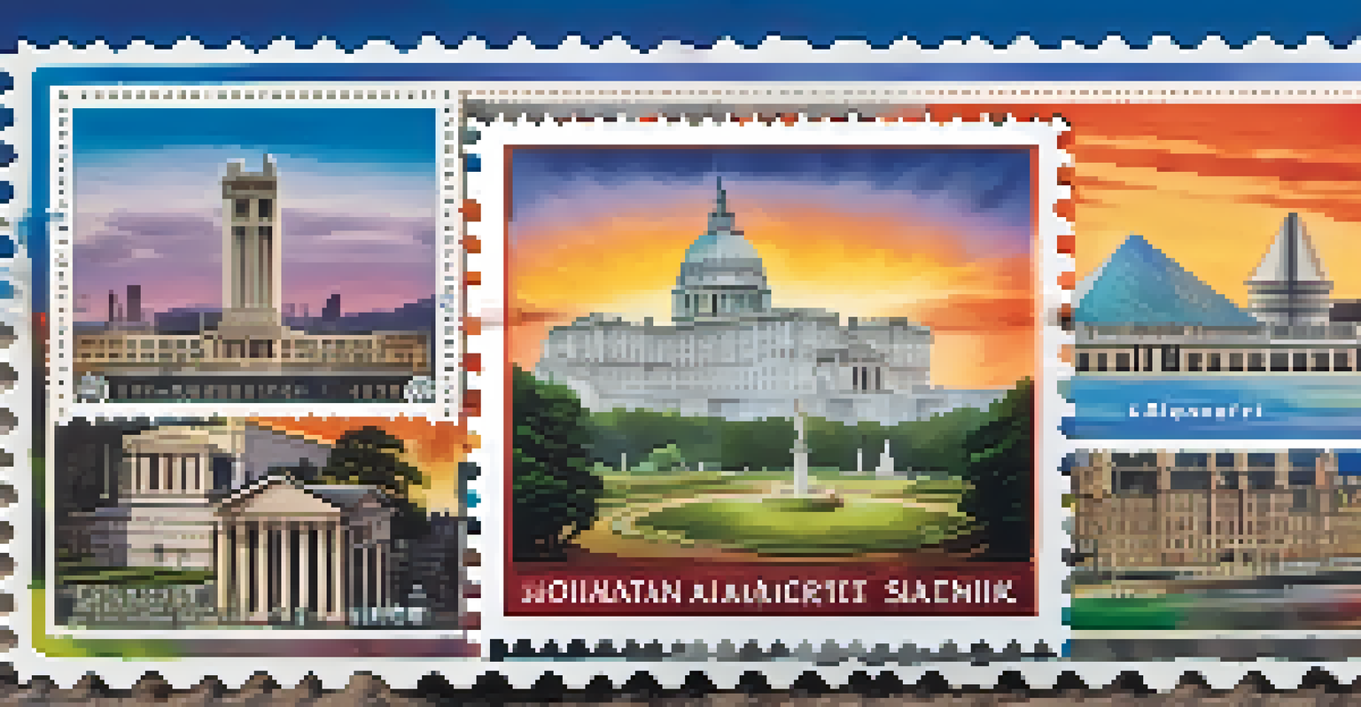 An artistic commemorative postage stamp featuring a famous landmark, with vibrant colors and detailed illustrations against a blurred background.