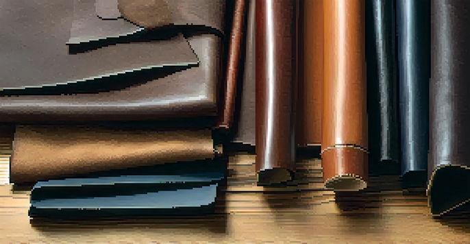 A close-up view of different leather textures on a wooden table, including full-grain, suede, and corrected-grain leather, illuminated by soft natural light.