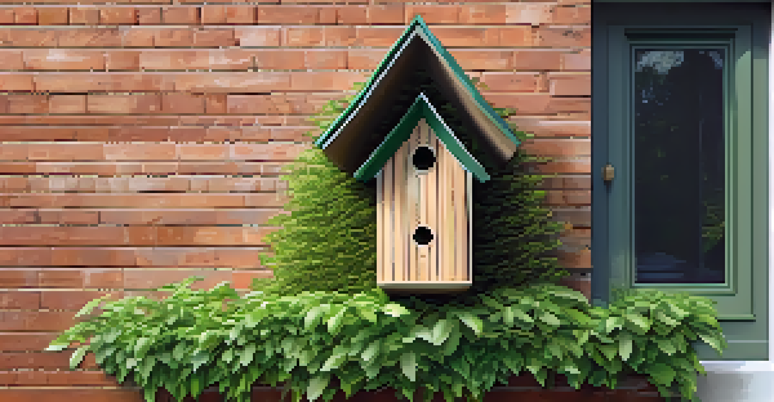 A cozy bamboo birdhouse on a brick wall, surrounded by green vines, with birds perched nearby in a tranquil urban setting.