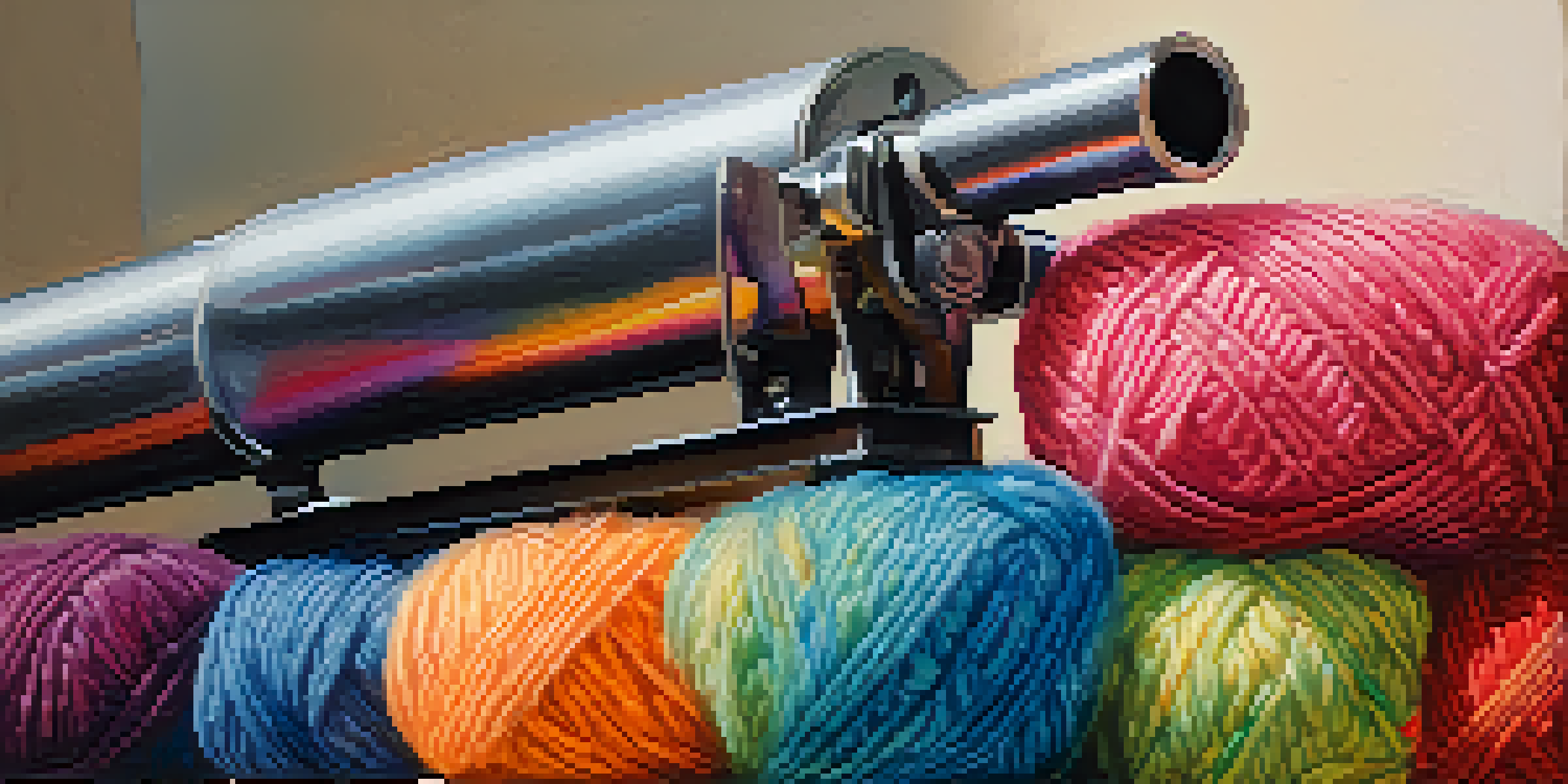 A tufting gun is seen close-up, with colorful yarn being used to create a rug, surrounded by a blurred background.