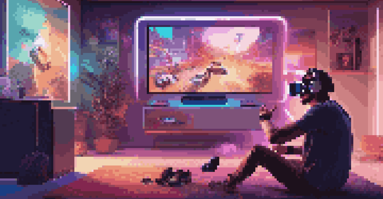 A player wearing a VR headset in a modern living room, fully engaged in a virtual reality game with colorful graphics on the screen.