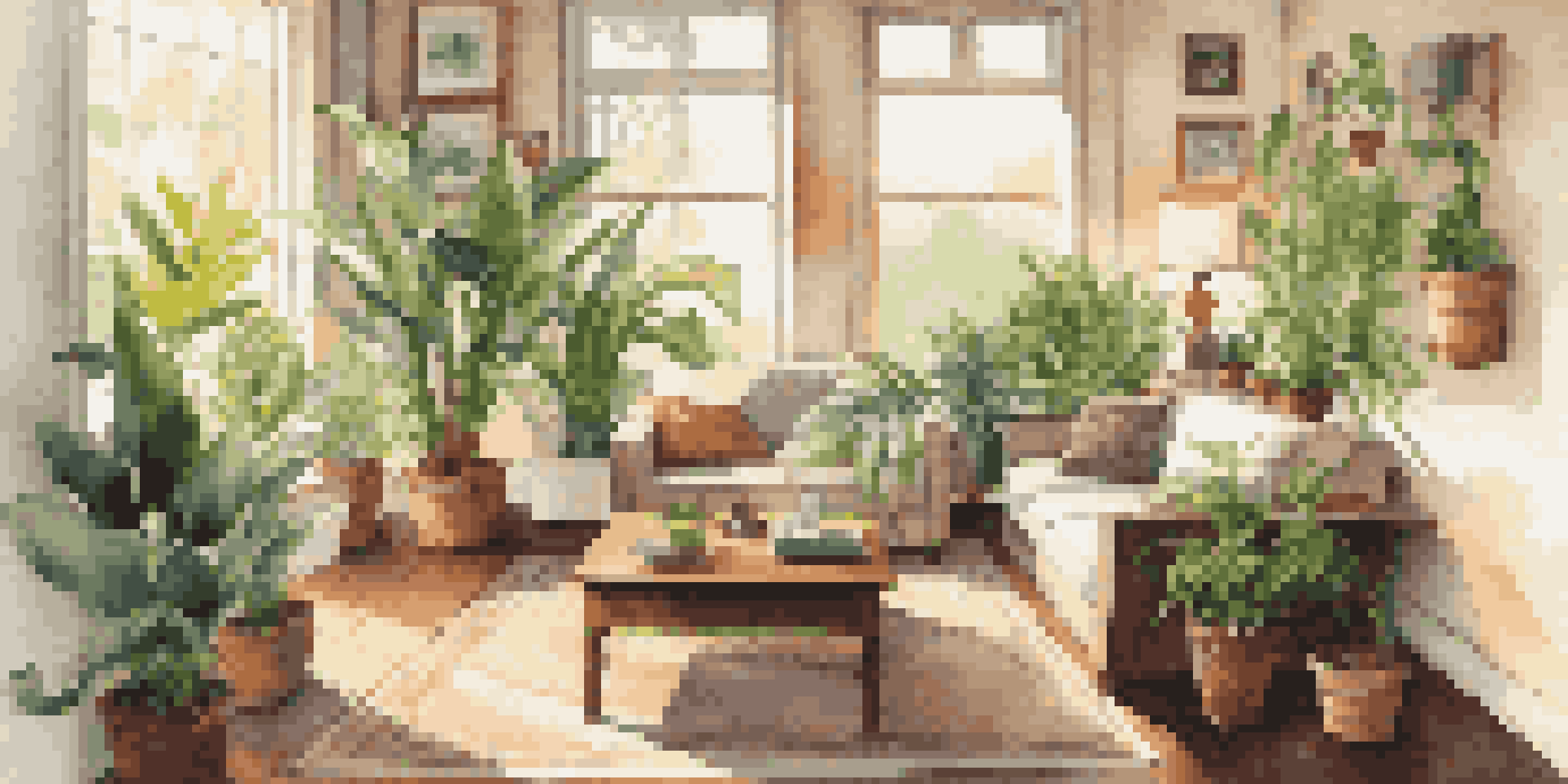 A cozy living room with houseplants on a coffee table, sunlight streaming through a window.