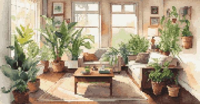 A cozy living room with houseplants on a coffee table, sunlight streaming through a window.