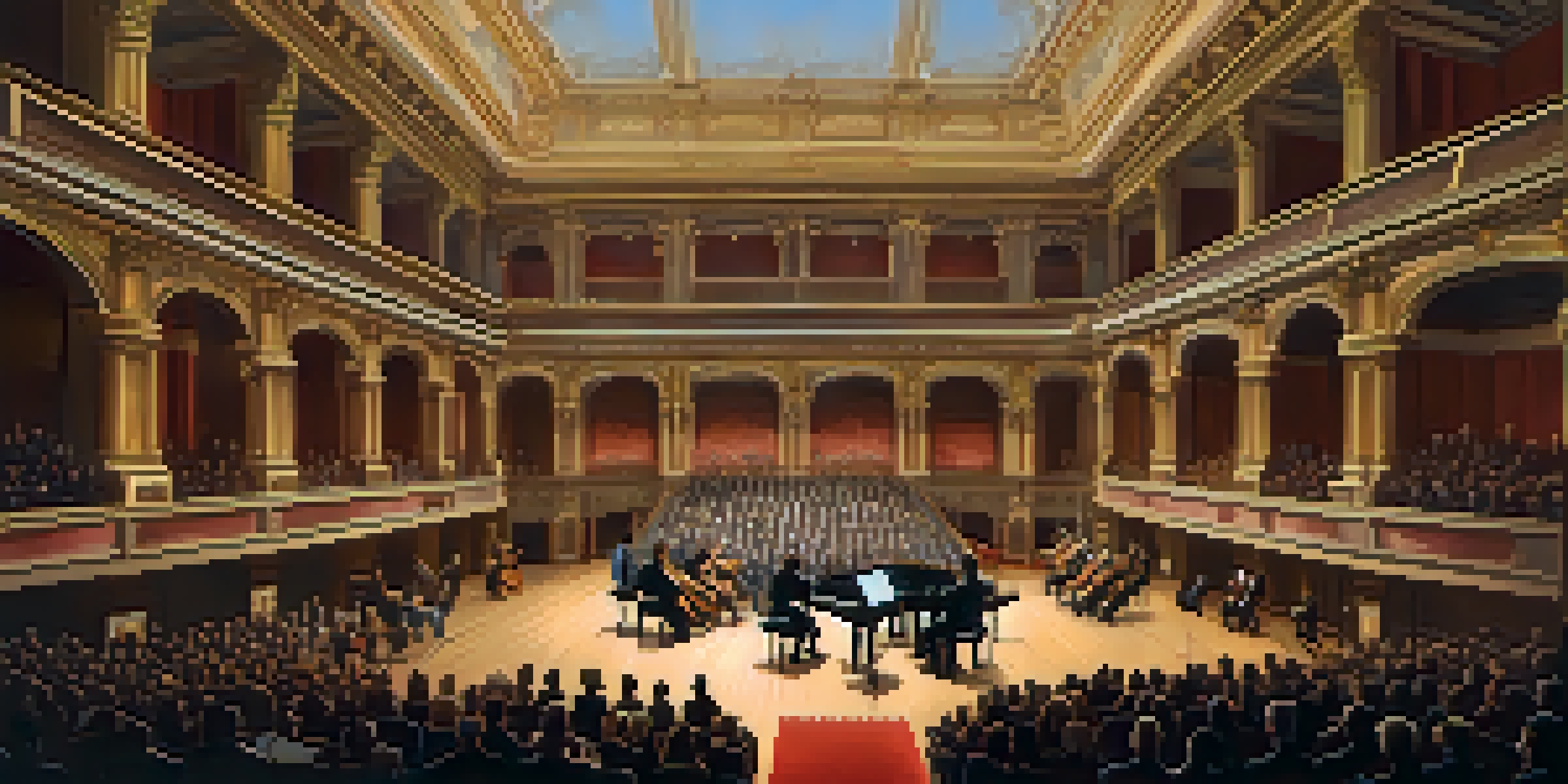 A concert hall with musicians playing classical instruments under golden light, highlighting the architectural details and attentive audience.