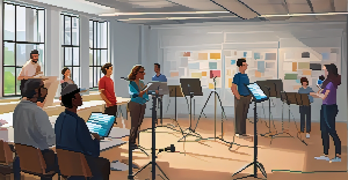 A bright and airy voice acting workshop with diverse participants practicing in front of microphones and an instructor giving feedback.