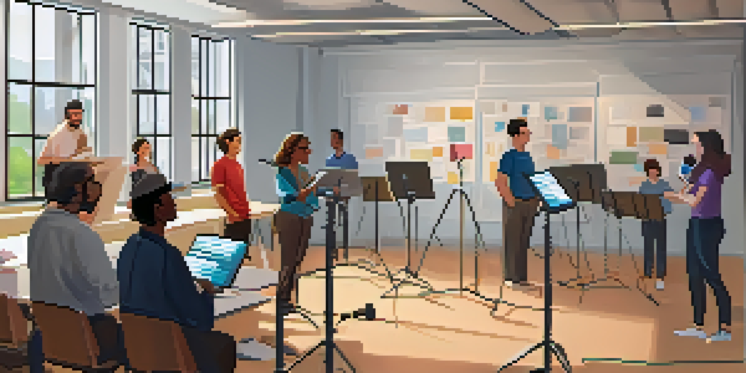 A bright and airy voice acting workshop with diverse participants practicing in front of microphones and an instructor giving feedback.
