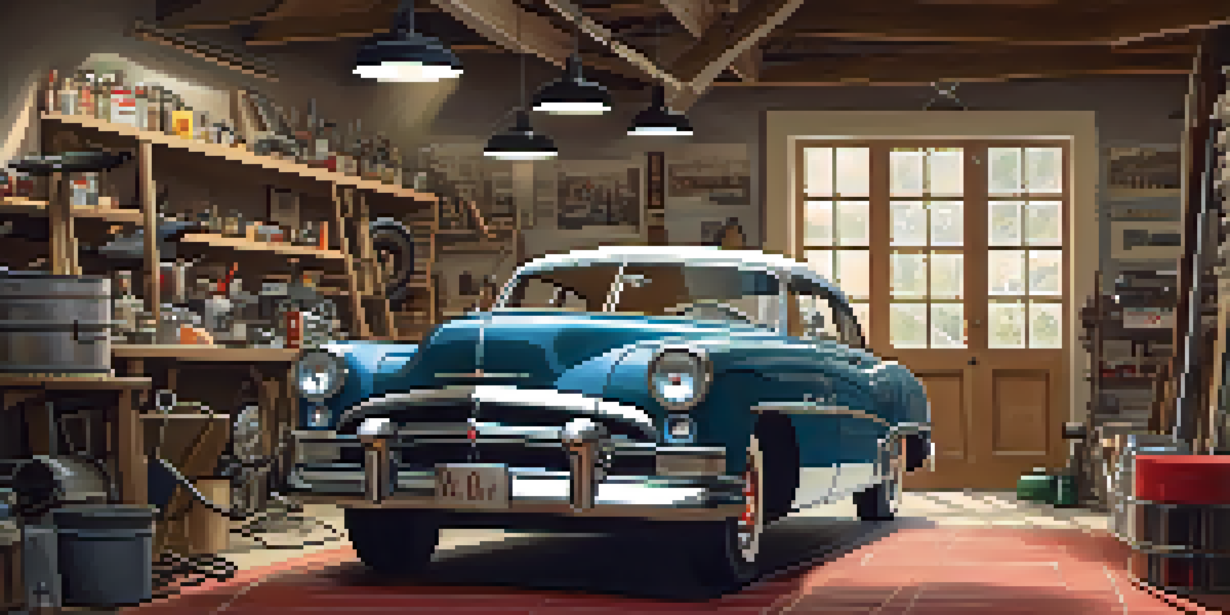 A classic 1950s car is being restored in a cozy garage filled with tools and spare parts, illuminated by warm light.