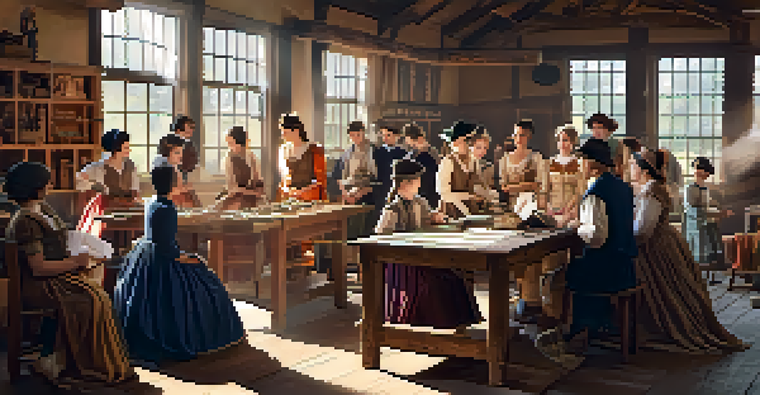 Participants of various ages crafting period costumes in a workshop, surrounded by fabrics and historical artifacts, with warm lighting.