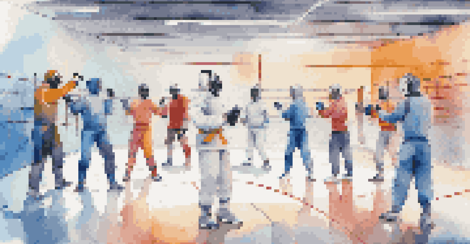 A group of fencers actively sharing their training moments on social media, surrounded by fencing equipment in a bright gym.