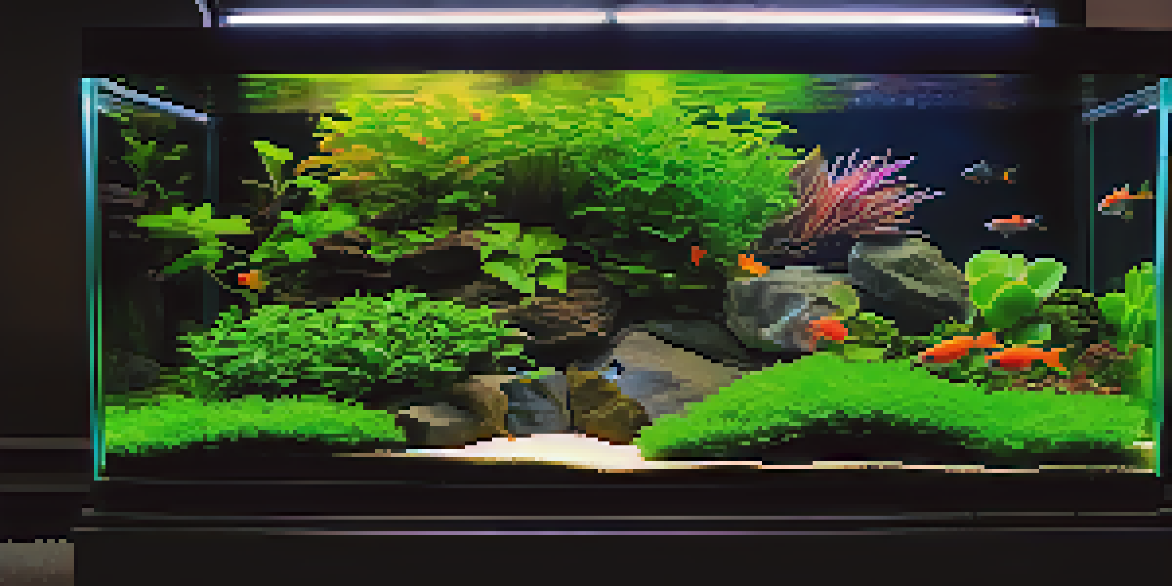 A tranquil aquarium filled with lush green plants and colorful fish, illuminated by soft lighting.