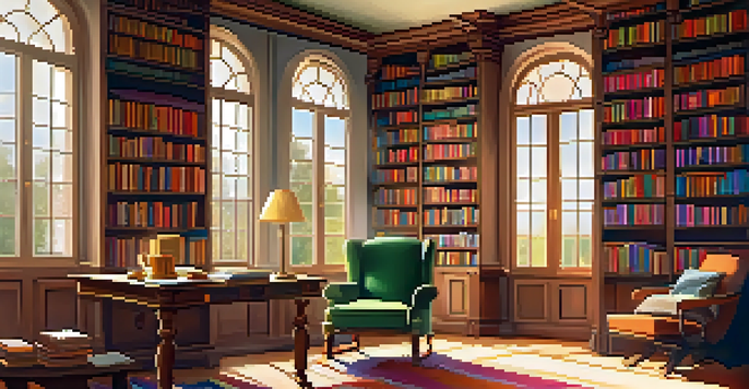 A cozy library with colorful bookshelves, a reading nook, and sunlight streaming in.