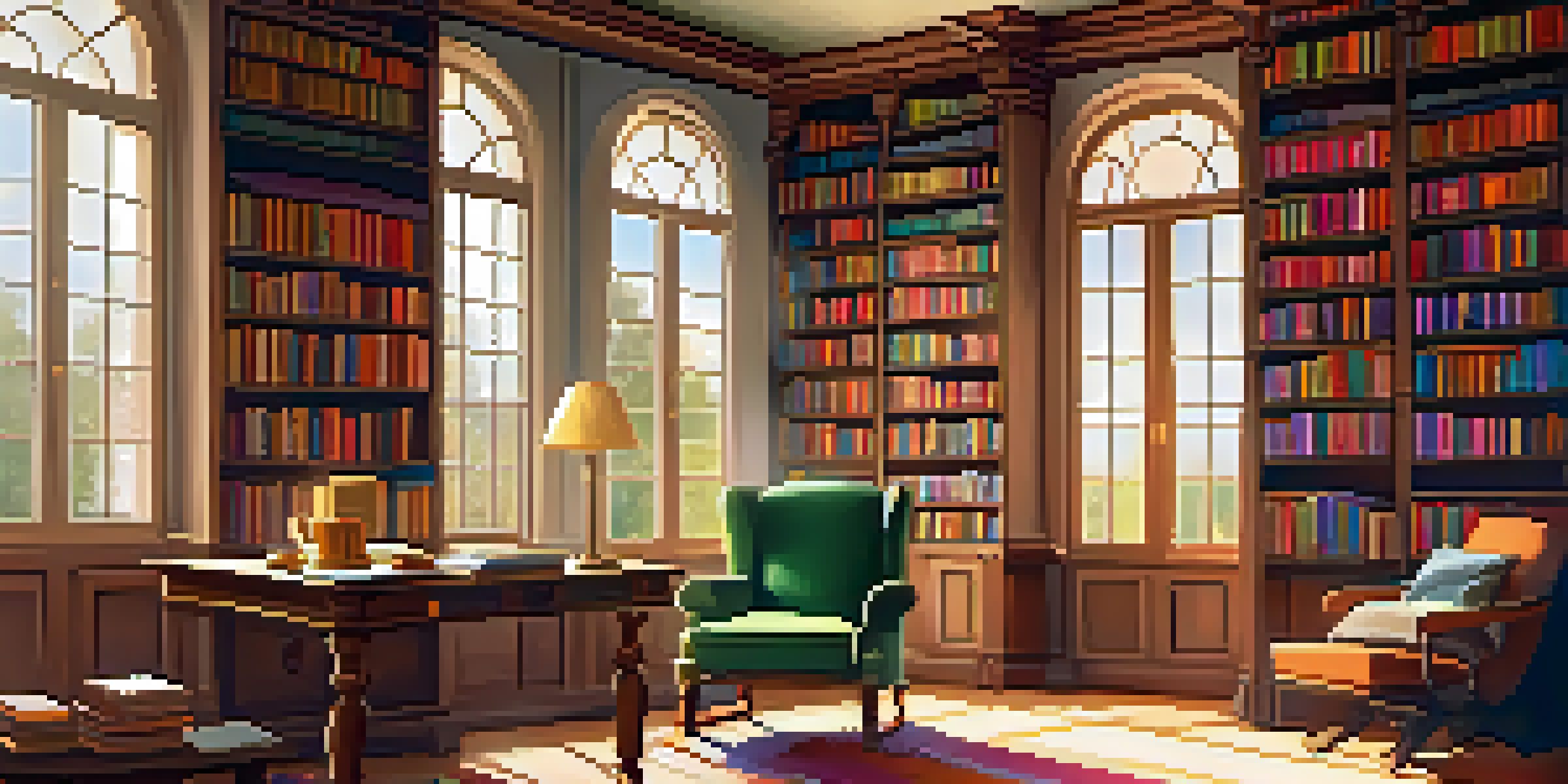 A cozy library with colorful bookshelves, a reading nook, and sunlight streaming in.