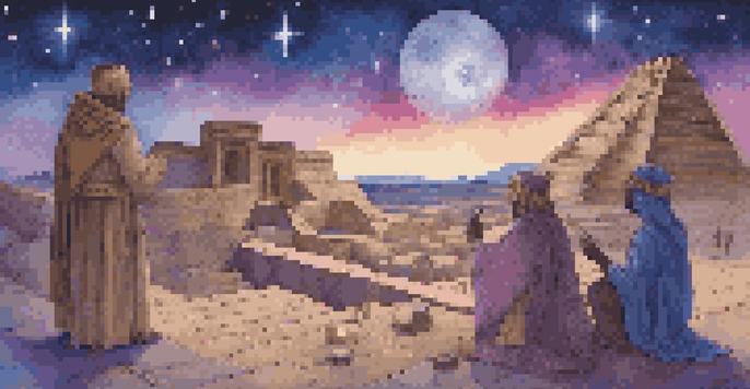 Ancient astronomers in Babylonian attire charting the night sky, surrounded by ziggurats and a starry backdrop.