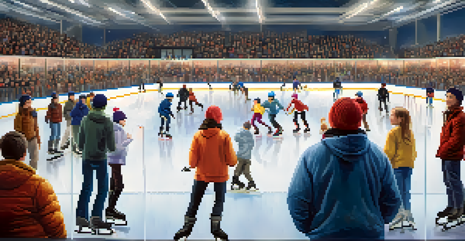 An indoor ice skating rink with a coach talking to a skater, surrounded by various skating activities.