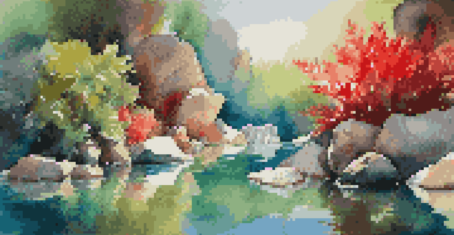 A vibrant underwater landscape with colorful rocks as the focal point, surrounded by lush green plants and bright red aquatic flora, illuminated by sunlight.