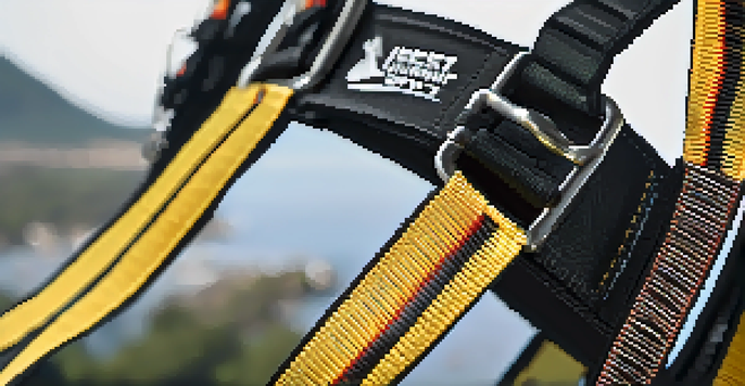 A detailed close-up of a bungee jumping harness with adjustable straps and buckles, set against a blurred nature background.