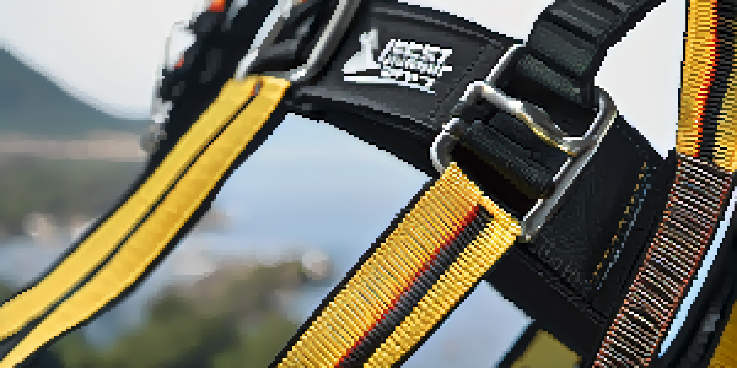 A detailed close-up of a bungee jumping harness with adjustable straps and buckles, set against a blurred nature background.