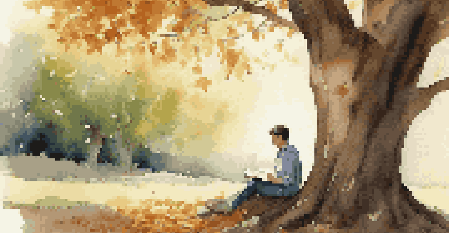 A person journaling under a tree, surrounded by falling leaves and sunlight, symbolizing reflection and personal growth.