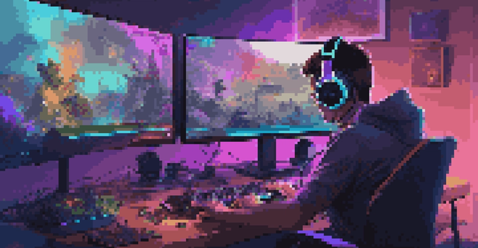 A gamer focused on their streaming setup with colorful LED lights, multiple monitors, and chat notifications visible on the screens.