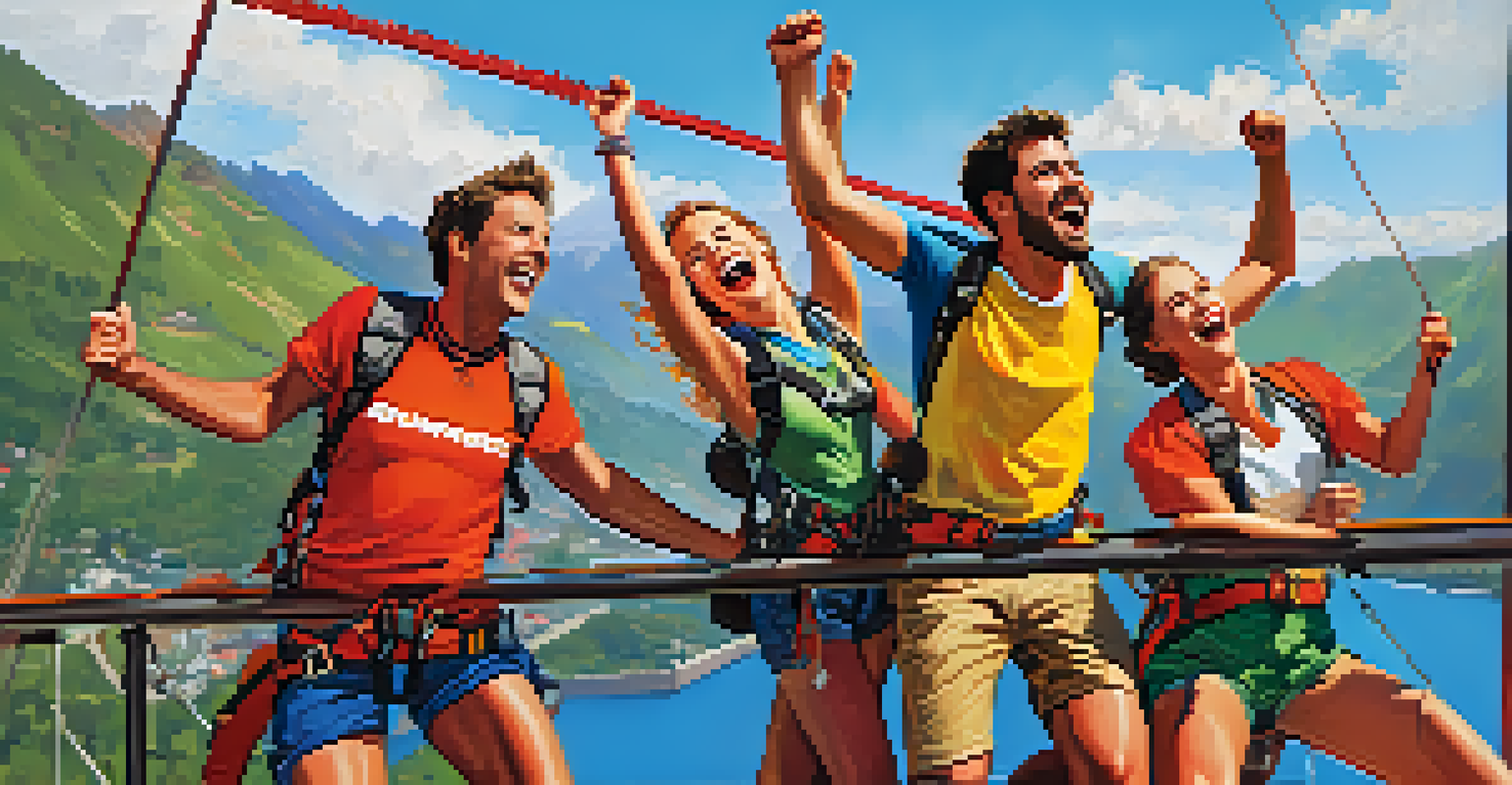 A group of friends celebrating after a bungee jump, smiling and high-fiving on a platform with a beautiful landscape behind them.