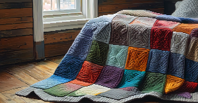 A colorful quilt made from old sweaters displayed on a wooden floor, illuminated by natural light.