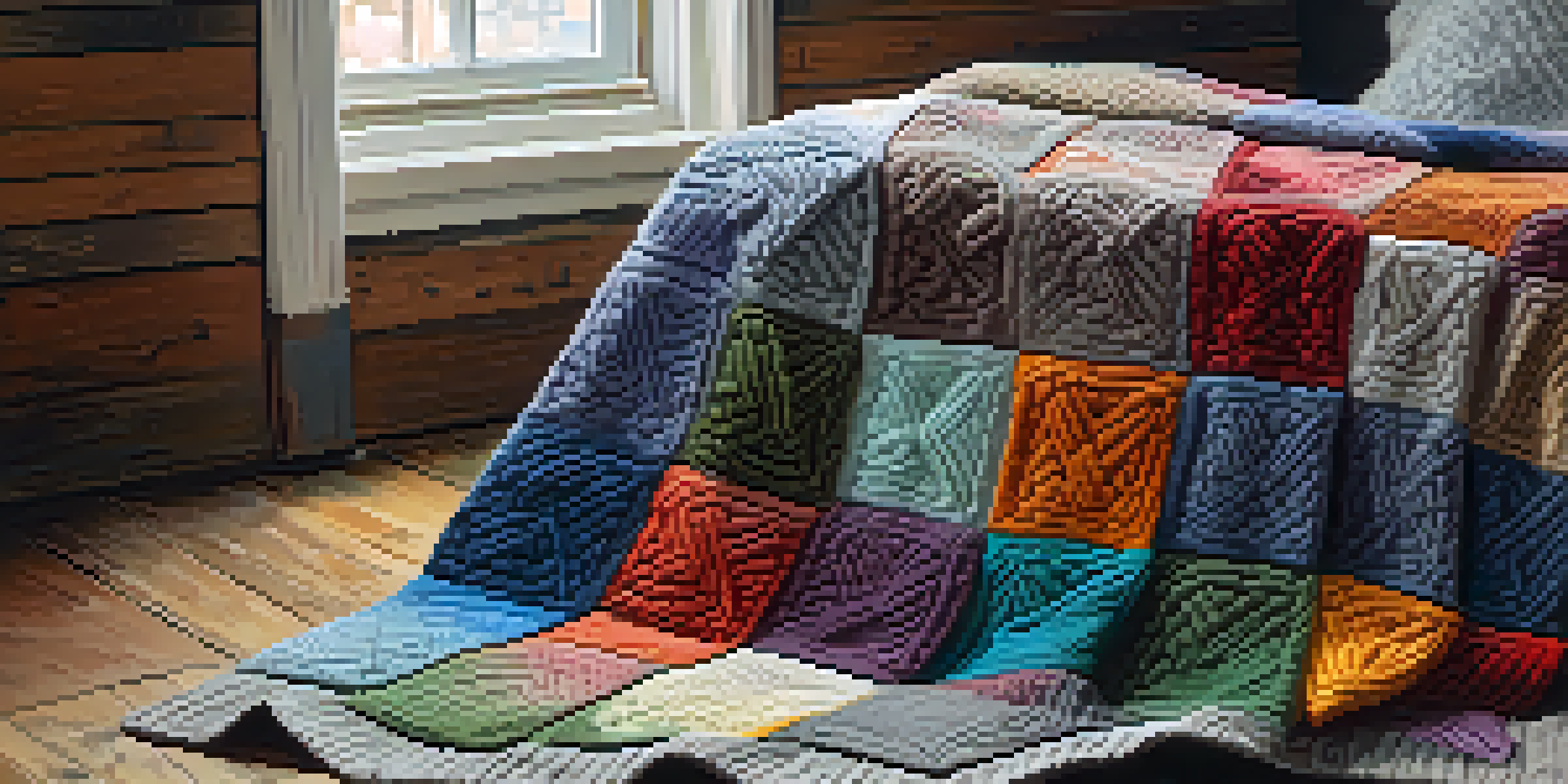 A colorful quilt made from old sweaters displayed on a wooden floor, illuminated by natural light.