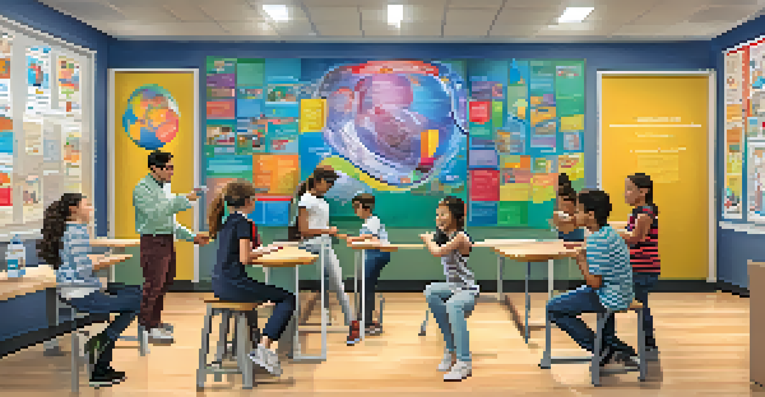 Students in a brightly lit classroom wearing VR headsets, exploring a 3D model of the human body with expressions of curiosity.