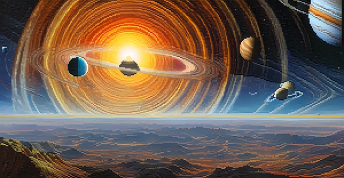 A detailed illustration of the solar system with the Sun at the center and eight surrounding planets, depicted with vivid colors and textures against a starry backdrop.