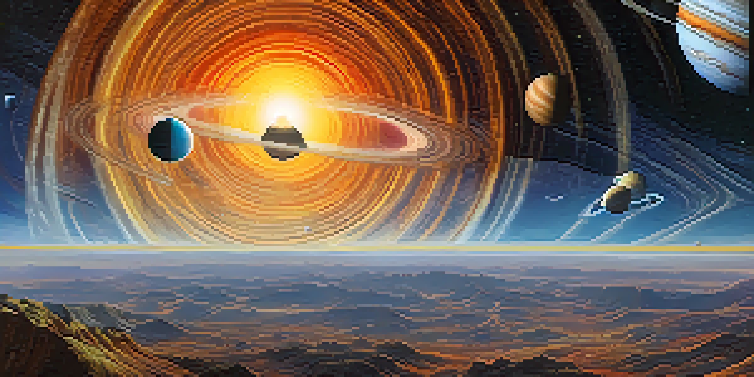 A detailed illustration of the solar system with the Sun at the center and eight surrounding planets, depicted with vivid colors and textures against a starry backdrop.