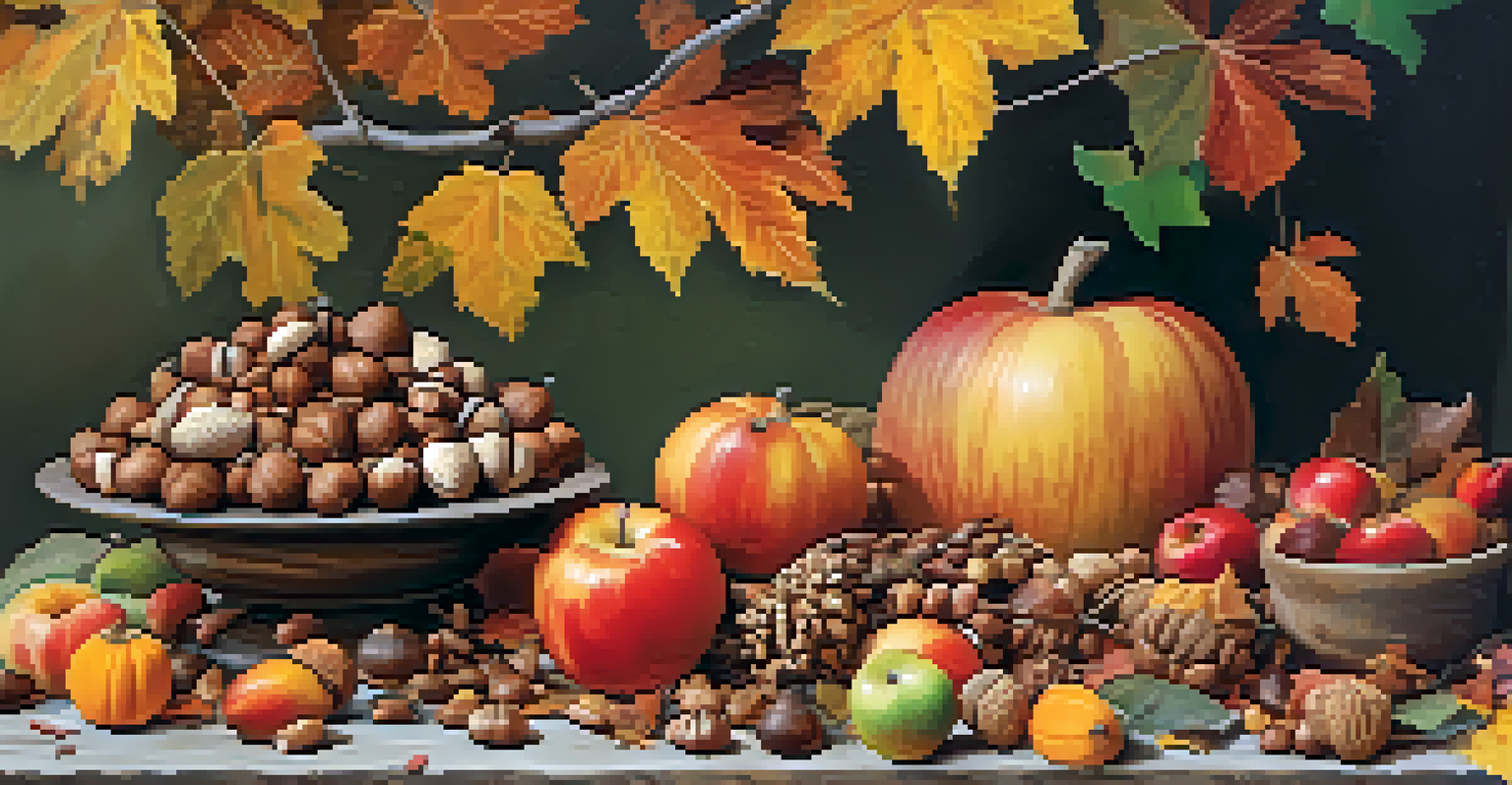 A wooden table filled with foraged nuts and fruits surrounded by colorful autumn leaves.