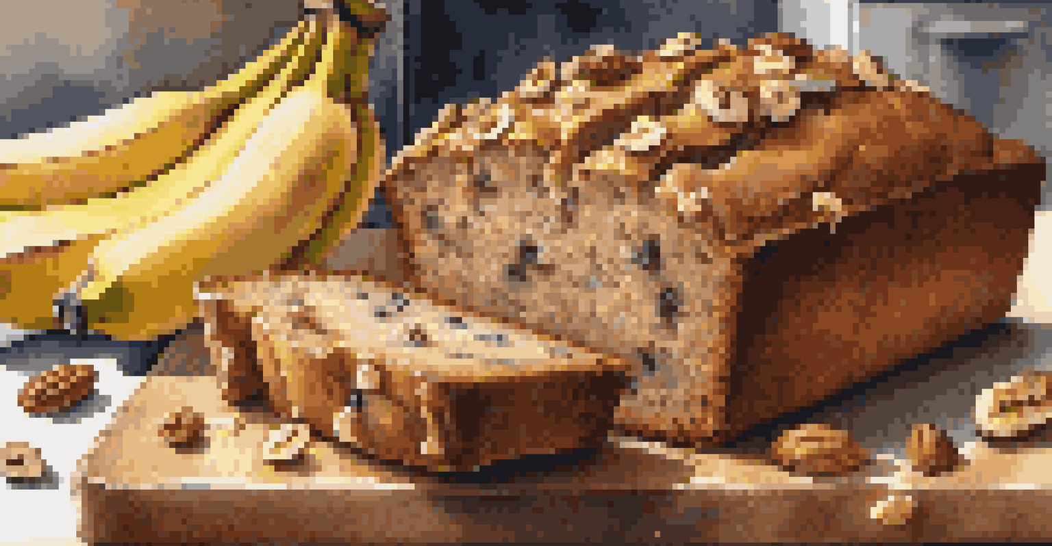 A slice of whole wheat banana bread on a cutting board, garnished with banana slices and nuts, against a blurred kitchen background.