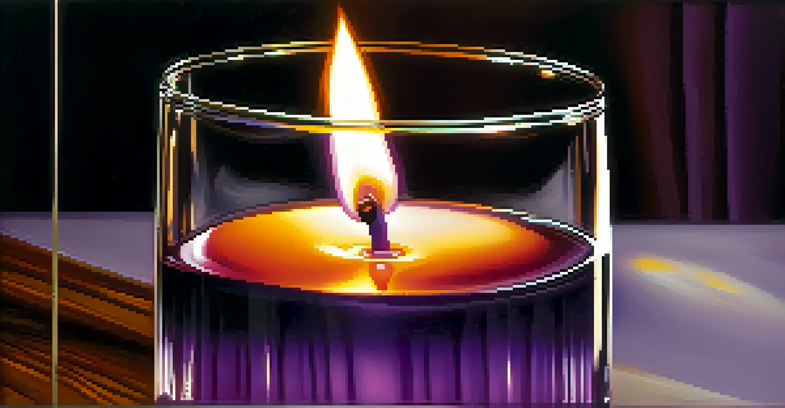 A close-up view of a layered candle being poured into a glass container, showcasing purple and lavender colors.