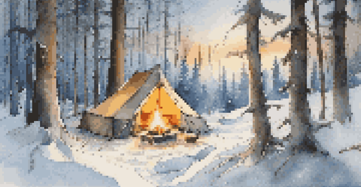 A cozy winter campsite in a snowy forest with a tent and a campfire.