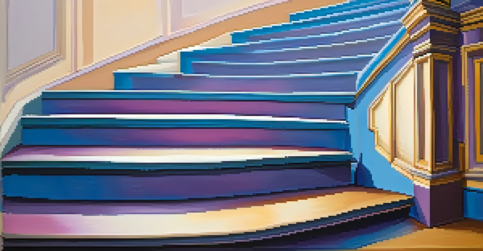 An imaginative depiction of a musical scale designed as a staircase, with each step illustrating different musical notes against a soothing blue and purple background.