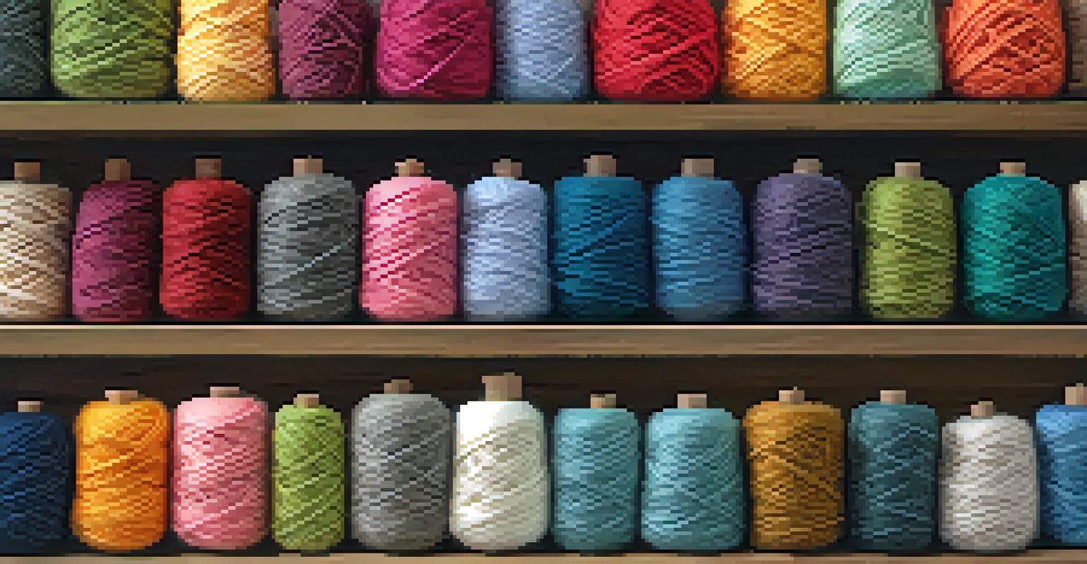 An array of labeled yarn weights on a rustic wooden shelf, showcasing different textures and colors under natural light.