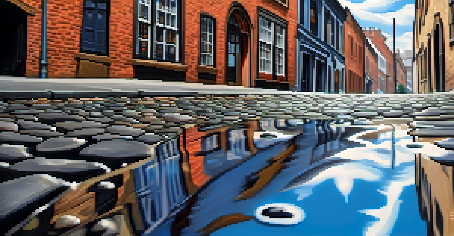 A close-up of a puddle on a cobblestone street reflecting old buildings and the sky.