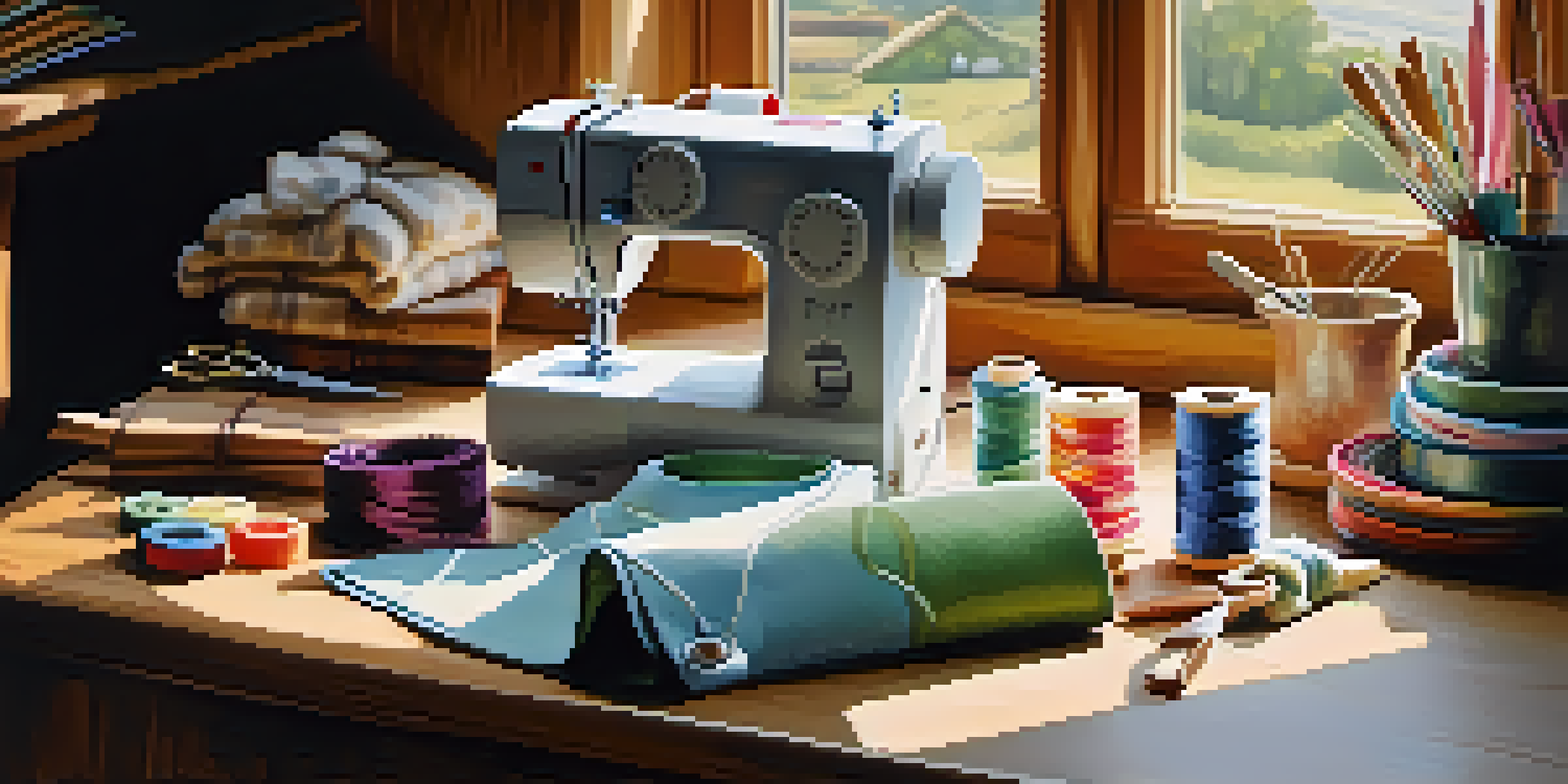A sewing workspace with eco-friendly fabrics and sewing tools under soft natural light.