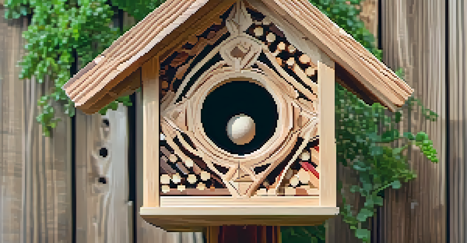A close-up of a handcrafted cedar birdhouse with detailed features, set against a blurred backdrop of greenery, showcasing its natural texture.