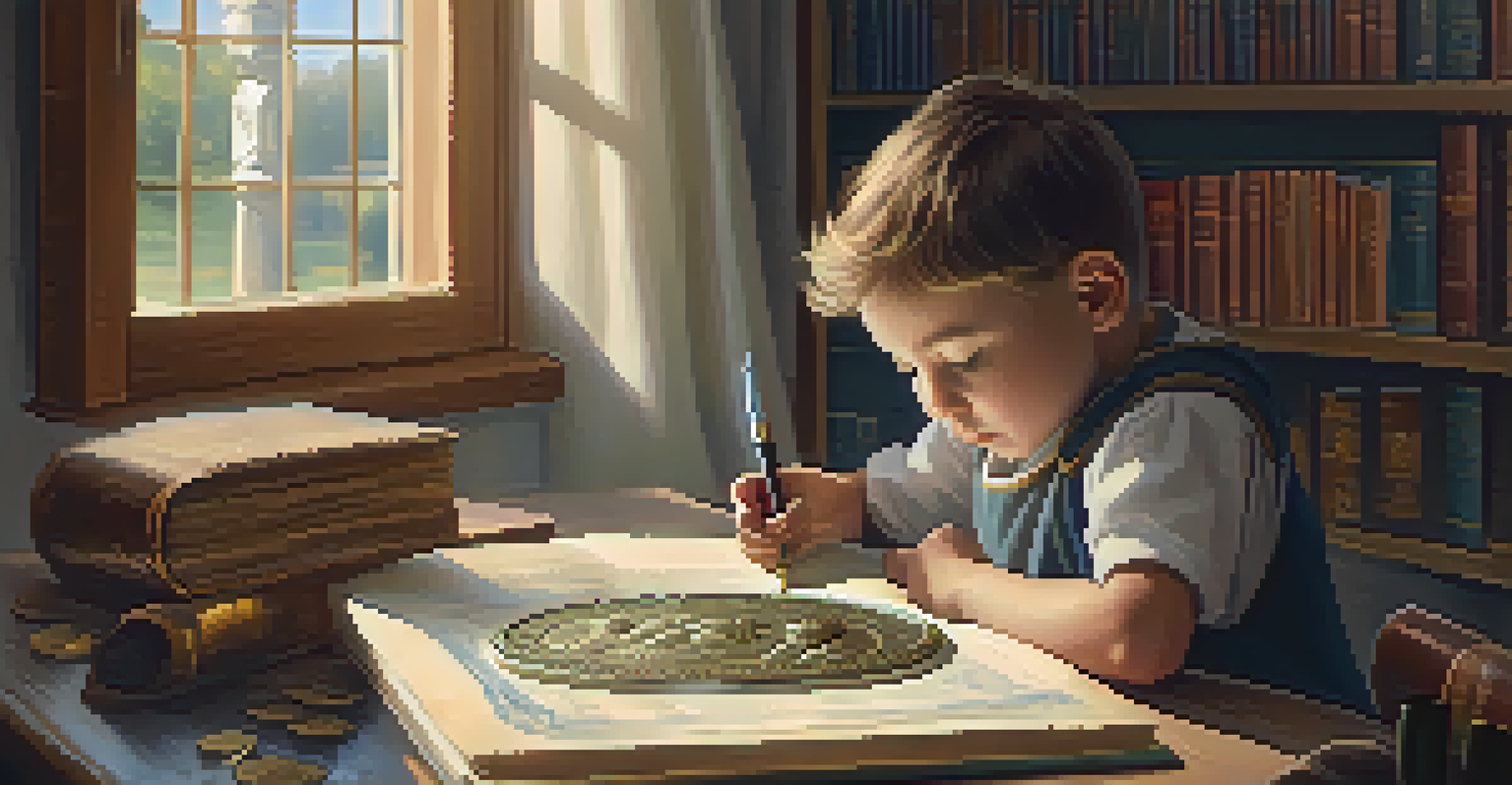 A child using a magnifying glass to examine an ancient Roman coin, surrounded by books and a coin album.