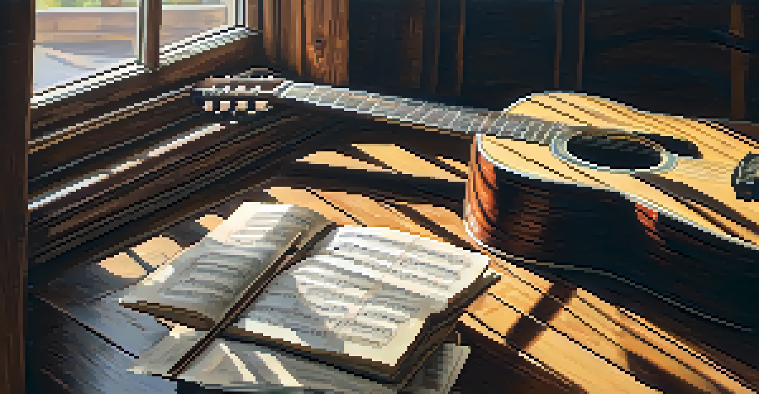 An acoustic guitar on a rustic table with natural light, showcasing its wood grain and nearby sheet music, creating a cozy atmosphere.