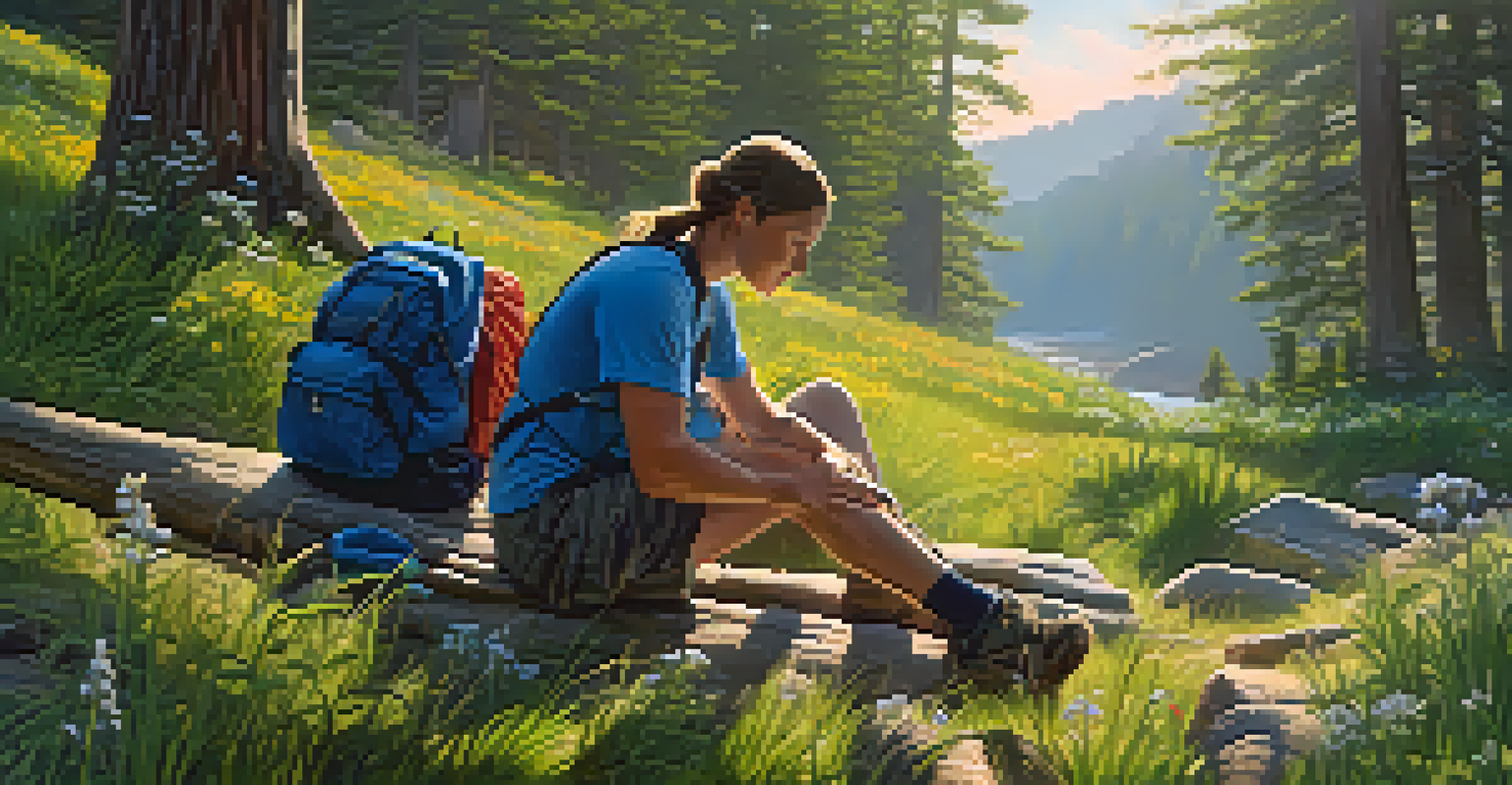 Two hikers in a sunny clearing, one applying ice to the other's elevated ankle to treat a sprain, surrounded by wildflowers and grass.