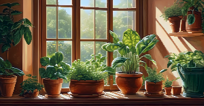 A cozy indoor garden with various potted plants, sunlight filtering through a window, and gardening tools on a wooden table.